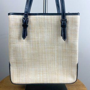 Harold's Straw Shoulder Handbag with Black Leather Trim.
